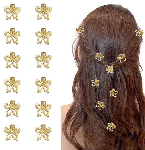 12 Pinzas Pequeñas Para el Pelo, Horquillas Mujer, Clips de Garra de Flor Dorado, Metal Resistente, Accesorios Lindos Para el Cabello de Mujeres y Niñas