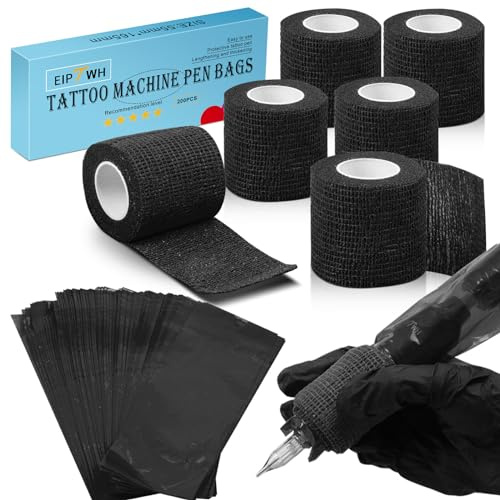 EIPTWH 200PCS Tattoo Pen Covers With 6PCS Grip Tapes, Black Machine Bags and Blue Self-Adhesive Wraps for Artist Supplies