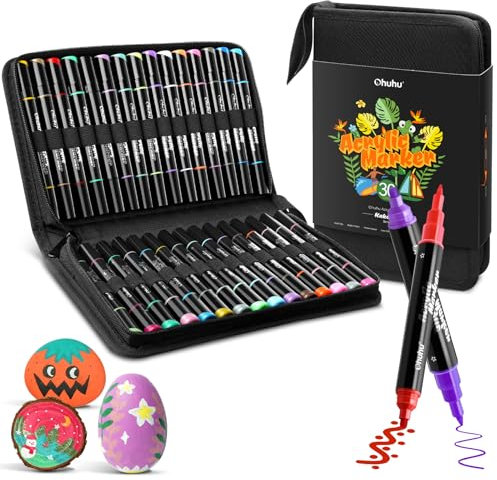 Ohuhu Marqueurs Peinture Acrylique 30 Couleurs, Feutre Acrylique à double pointe (0,7 mm et 3 mm) - Résistance à l'eau Résistance à la lumière pour peinture rupestre Oeufs de Pâques Bois Verre Toile