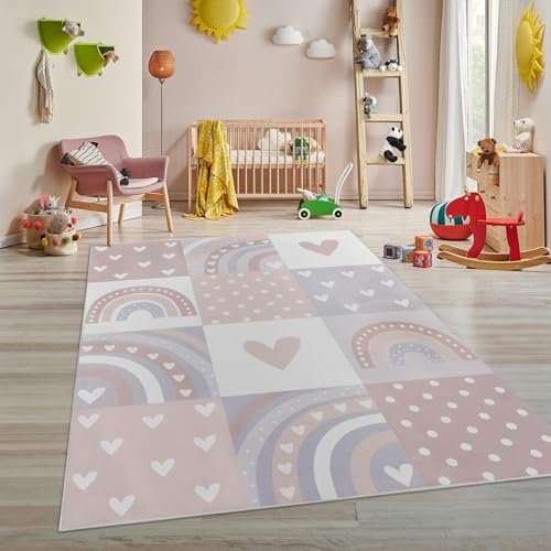 Taracarpet Kinderteppich Teppich Kinderzimmer Spielmatte Spielteppich für Jungen und Mädchen und auch für Jugendzimmer Regenbogen Rosa 160x220 cm