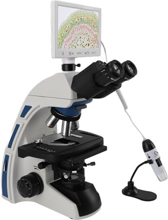 Microscopio Trinocular Digital 40X-1000X, Microscopio de Laboratorio con Pantalla de 7 Pulgadas con Plataforma Mecánica, Trinocular de Laboratorio para Estudiantes y Laboratorio