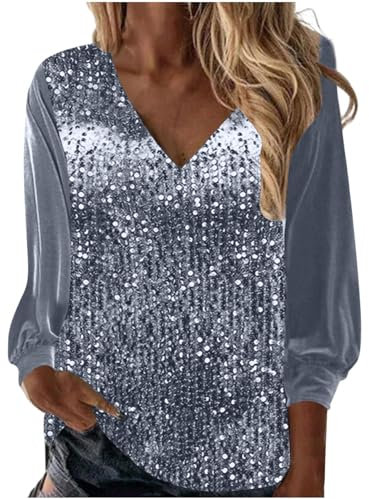 RIKAY Women Shimmer Sequin Sparkly Festival Party Shirt and Blouse Womens Long Sleeve V Neck Shining Glitter Top Tee Shirts Pullover UK Plus Size 8 22 Silver