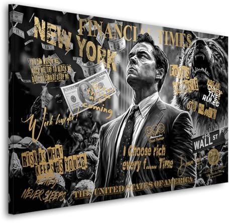 Kunstgestalten24 | Leonardo Wolf of Wallstreet Pop Art Wandbild | Leinwand-Bild mit Echtholz-Keilrahmen | Gemälde Kunst Art | Hochwertige Kunstdrucke | XXL Bilder | 90x60cm mit 2cm Rahmentiefe