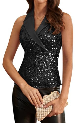 GRACE KARIN Damen Pailletten Tops Funkelnde Pailletten Weste V-Ausschnitt Funkelndes Party T-Shirt für Party Cocktail Geburtstag Schwarz-Pailletten L