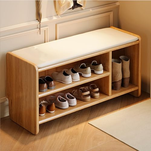 Schuhregal mit Sitzbank Schuhschrank Schuhbank Flur mit Sitzfläche Hocker Shoe Rack Truhenbank Sitzhocker Garderobenbank mit Stauraum für Eingang Schlafzimmer Flur Wohnzimmer(Wood color,80cm)