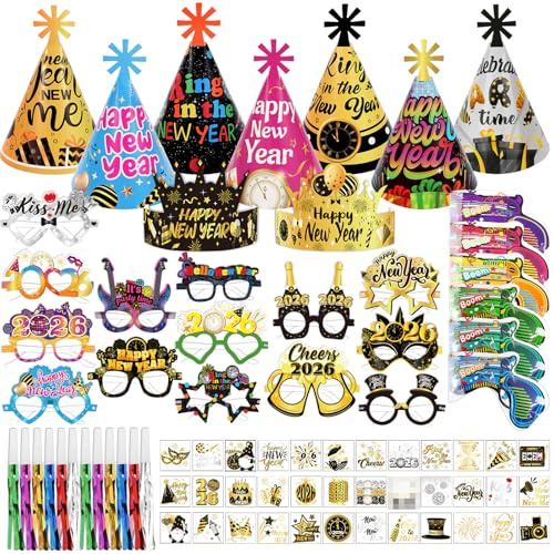 DPKOW 77Stk Silvester Deko 2026 Party Set, Bunte Partyhüte Brille Neujahr Tattoos Konfettikanone Tröten für 2026 Silvester Accessories Party Zubehör Gadget