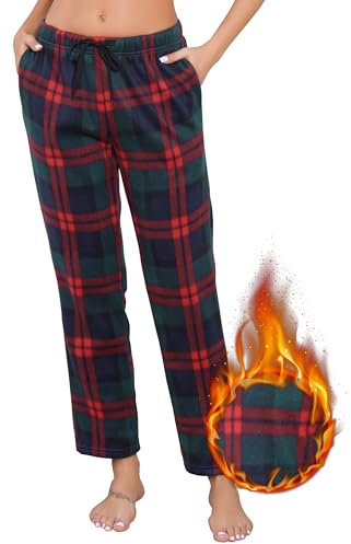 Sopesil Pantaloni del Pigiama Donna in Pile Lungo Pantalone Comodi Pigiama a Quadri Pantaloni da Notte con Tasche e Coulisse per Loungewear,XXL,Rosso Verdastro