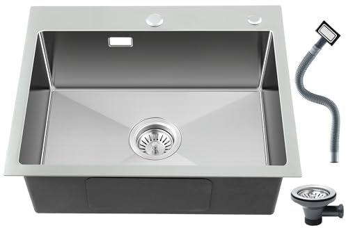 ROVOGO 450 x 550 mm Undermount Kitchen Sink, Stainless Steel 304 Sink Kitchen with Basket Strainer Waste and Overflow Kit, 1 Bowl Rectangular, Brushed, Handmade