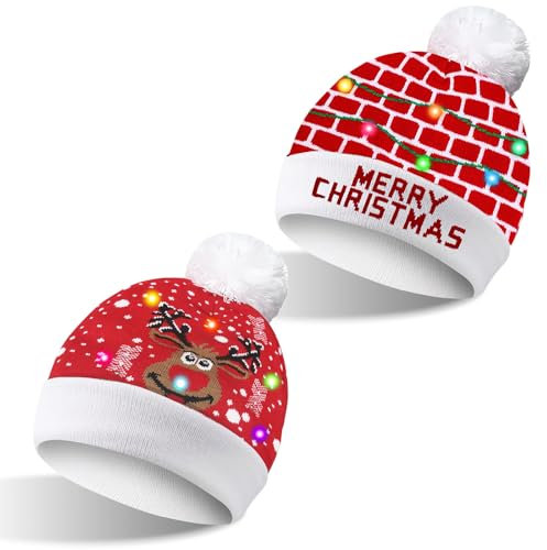 BORDEAG 2 Stück Weihnachtsmütze mit LED, Strickmütze, Bunte Light up Weihnachten Mütze, Winterwärmer Weihnachtsmützen Set, Weihnachtsmützen, Bommelmütze, für Weihnachten Partys, Neujahrsgeschenk