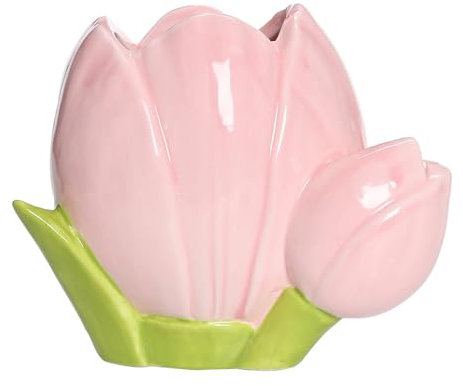 Hosoncovy Ceramic Tulip Makeup Brush Organizer Pot Makeup Brush Holder Pen Pot Pencil Holder Flower Vase (Pink)
