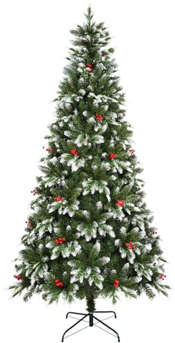 Uten Sapin de Noël Artificiel 150 cm, PE Arbre Noël Flocon Neige Luxe Décoration Intérieur, 500 Aspect Naturel Branches en PVC & PE, 23 Groupes Baies Rouges, Branches de Charnière, Réutilisable