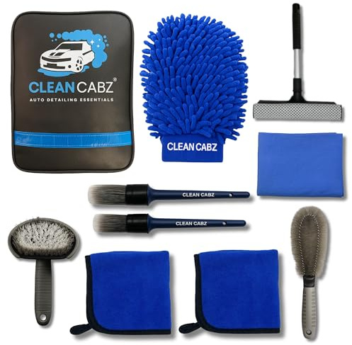 Clean Cabz®: Premium 9-Piece Car Cleaning Kit with Storage Bag – Complete Detailing Kit for Interior & Exterior – Includes Wheel Cleaner Brush, Tyre Brush Cleaner & More – Ultimate Car Washing