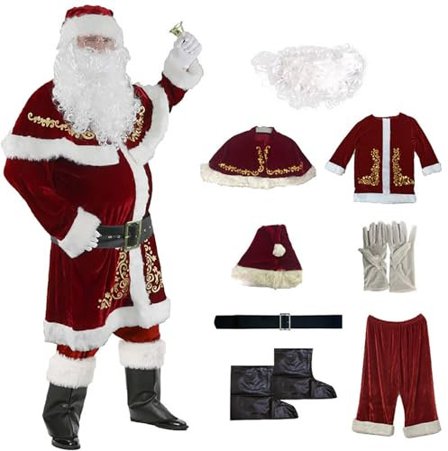 Costume de Père 12 pièces Noël pour Hommes Complet de Déguisement de Noël pour Adulte Rouge Velours de Luxe Vêtement de Père XL
