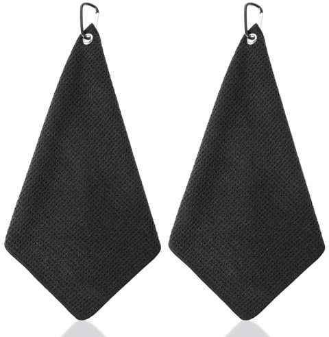 Tucnoeu 2 Stück Golf Handtuch Mikrofaser Golfhandtuch mit Karabiner Waffelmuster Golf Towel für Golfbag (Schwarz)