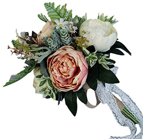 Nvzi Europäischer Vintage-Brautstrauß, künstlich, staubige Pfingstrosen, künstliche Sukkulenten, Spitzenband, Brautjungfer, Party-Dekoration