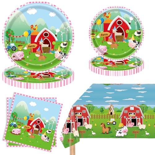 73PCS Farm Birthday Decorations Supplies Set Serve 24,Farm Party Decorations Tableware Barnyard Themed Plates Napkins Tablecloth Kit,Farm Animals Theme Birthday Party Supplies for Baby Shower