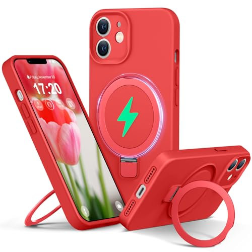 PuyaTeya Liquid Silicone Case for iPhone 11 with Magnetic Ring Stand, Upgraded camera lens protection, Mil-Grade Drop Shockproof, Anti-Scratch Microfiber Lining Silicone Case(Red)