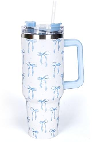 Whaline 40 Oz Blue Bow Tumbler with Handle Straw and Lid Bow-Knot Travel Coffee Tumbler Cup for Women Friend Holiday Birthday