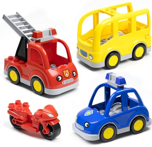 Mirthben 3 Stück Fahrzeug Bausteine Set, Große Bausteine Zubehör mit Feuerwehrauto, Polizeiauto, Schulbus, Kompatibel mit DUPLO Steinen, Großbausteine Spielzeug für Kinder ab 3 Jahren