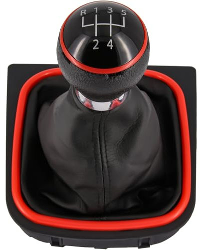 Schaltknauf + Schaltsack Set 5 Gang passend für VW Golf 5 + 6, 2003-2016, Plug & Play, Auto Schalthebel Schaltmanschette, mit Rahmen, schwarz - rot