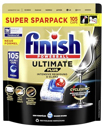 Finish Ultimate Plus Spülmaschinentabs – Geschirrspültabs für intensive Reinigung, Fettlösekraft und Glanz mit Schutzschild – 105 Finish Caps