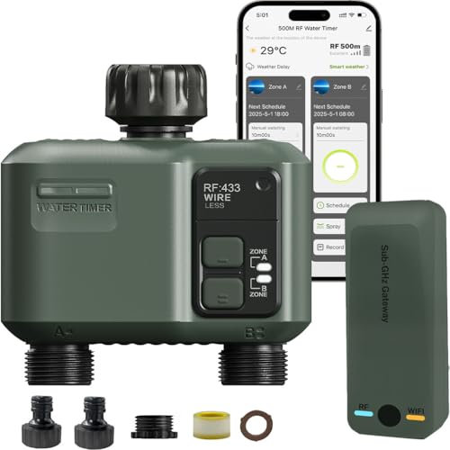 Centralina Irrigazione WiFi 2 uscite, tecnologia RF 433 da 500M Computer Giardino Timer Irrigazione,Timer Acqua Giardino Programmabile con Ritardo Pioggia, Modalità di Irrigazione Automatica e Manuale