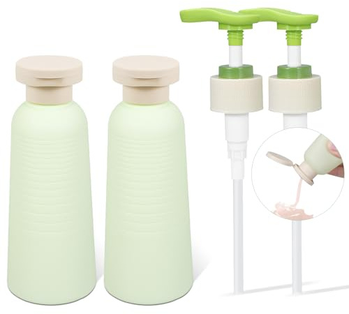 2 Stück Leere Kunststoff-Pumpflaschen, auslaufsichere Reise-Set mit austauschbarem Klappdeckel, für Shampoo, Duschgel & Handseife (Grün, 200ml)