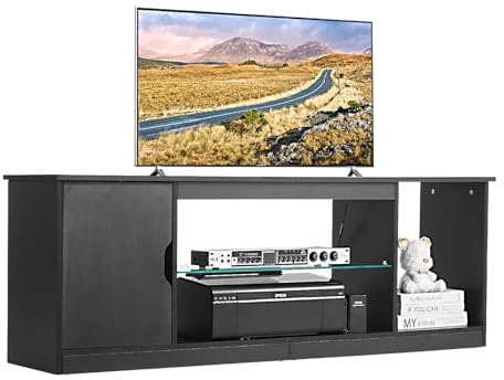 VEVOR Mobiletto Porta TV per Soggiorno Fino a 1651 mm Capacità di Carico di 39,92 kg Tavolo TV in Legno con Barra Luminosa, Ripiano in Vetro e Ripiani Regolabili, per Soggiorno Camera da Letto, Nero