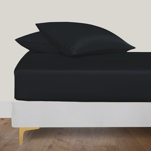 LINENWALAS Spannbetttuch aus 100% Bio-Bambus Seide 160x200 cm, Tiefe Tasche bis 40 cm weich, Öko-Tex-zertifiziertes kühlendes Bambus-Bettwäsche-Set Spannbetttuch mit Kissenbezug (Tiefschwarz)
