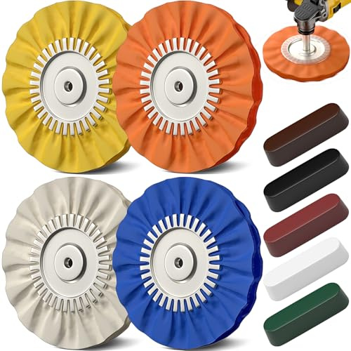 9PCS Airway-Polierscheibe Kit für Auto, 20.3 cm Airway Polieren Puffing Räder für Tischschleifer, Bohrer, Aluminium Metall Polieren Rad Pad und Compound Kit für Spiegel Finish (5/8 Arbor Loch)