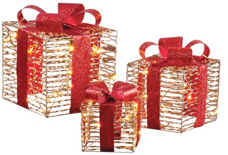 The Christmas Workshop Large Light-Up Gold & Red Gift Boxes/Set of 3 Different Sizes/Warm White LED Lights/Timer Function/Battery Powered (74459)