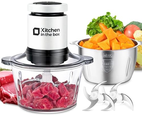 Kitchen in the Box Hachoir Électrique 400W 2 Bols 2L | hachoir à viande 400W avec 2 bols 2L verre et inox, lames bi-niveau pour viande, légumes, fruits et oignons