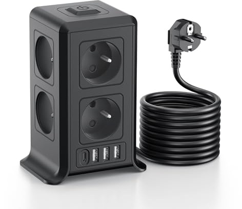 Multiprise avec Interrupteur, Françaises 12 en 1 Prise Tour Multiple avec 8 AC et 4 USB, Multiprise 1 USB C et Rallonge Electrique 5M, Multi Prise Electrique Convients, Maison, 3680W, Noir