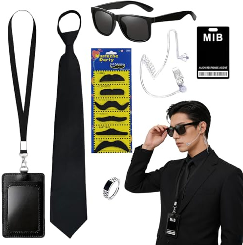 7 Stück Men in Black Kostüm, Agent Kostüm Set mit Krawatte Sonnenbrille Spionage Ring Falscher Bart Headset Namensschild mit Umhängeband, Agent Security Kostüm Erwachsene für Karneval Halloween