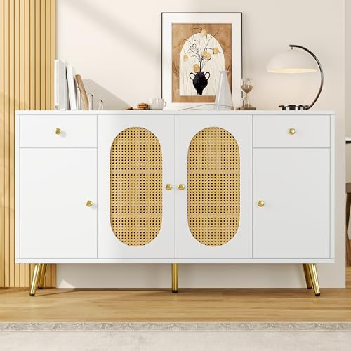 Merax Sideboard Kommode Wohnzimmer 4 Türen, 2 Schubladen, Regalböden höhenverstellbar, Buffet Aufbewahrungsschrank Küchenschrank mit goldenen Griffen, Weiß/140x35x82cm