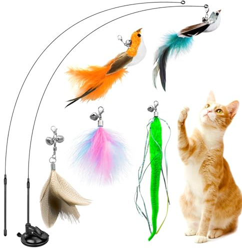 NXPZ 8 Pcs Set de Juguetes para Gatos, Juguetes Interactivos para Gatos, Juguetes para Gatos de Interior, 3 Juguetes de Plumas, 2 Pájaros Realistas, con Ventosas Potentes y Caña de Juguete con Plumas