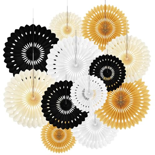 Yotako 12Pcs Paper Fan Decorations, 3 Sizes Reusable Black Gold White Hanging Paper Fans for Wedding Graduation Birthday Carnival Ceiling Wall Party Backdrops with Clips