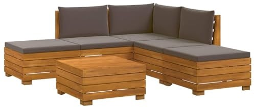 vidaXL Outdoor-Sofagarnitur mit Kissen 6 Stück Braun Massivholz Akazie, Akazienholz-Sofa, UV-beständiger Lounger, wetterfeste Couch, modulare Sitzgelegenheit für Gartenmöbel