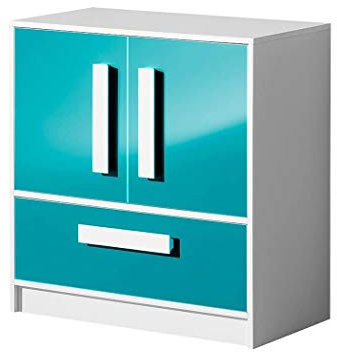 Furniture24 Kommode Sideboard GULIVER 08 mit 2 Türen und Schubladen (Weiß/Türkis Hochglanz)