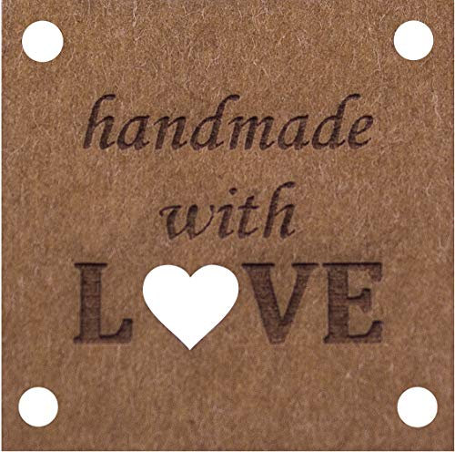 SnapPap Label Näh-Etiketthandmade with love (Eckig) zum Einnähen I Aufnäher Patches lederoptik I 100% vegane Etiketten (Eckig, 10 Stk.)