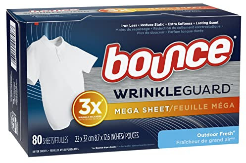 Bounce Wrinkle Guard Mega Secador Sábanas, suavizante de tela y liberador de arrugas, aroma fresco al aire libre, 80 unidades