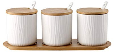 Upkoch Pot à condiments en céramique avec couvercles Cuillères Plateau de service en bois pour la cuisine 9.5 * 28.5cm blanc