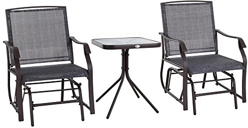 Outsunny Glider Rocking Chair & Table Set 2 Single Seaters Rocker Garden Swing Chair Patio Furniture Bistro Set Grey