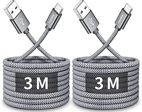 CLEEFUN 3M USB C Cable (2-Pack), Long PS5 Controller Charger Fast Charging USB-C to USB-A Braided Lead for iphone 15 16 16e Pro, Samsung S25 S24 S23 S22 S21 S20 S10 S9 S8 + A51 A52 A53 A70 -Grey