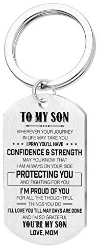 Ayoiow Schlüsselanhänger Tasche Damen, Dog Tag Gravur MOM to Son... Schlüsselanhänger Silber Schlüsselbund Edelstahl