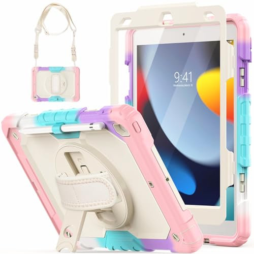 iPad 10.2-Inch Case 2021/2020/2019 with Screen Protector [Pen Holder/360 Rotating Stand/Hand Strap], HXCASEAC Heavy Duty Protective Case Cover for iPad 9th/8th/7th Generation 10.2 (Milky+Pink)