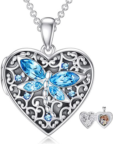 Dorunmo Silber Medaillon mit Herz und Libelle - Öffnen für Fotos, Kristalle - Schmuck Geschenk für Damen, Freundin, Mutter