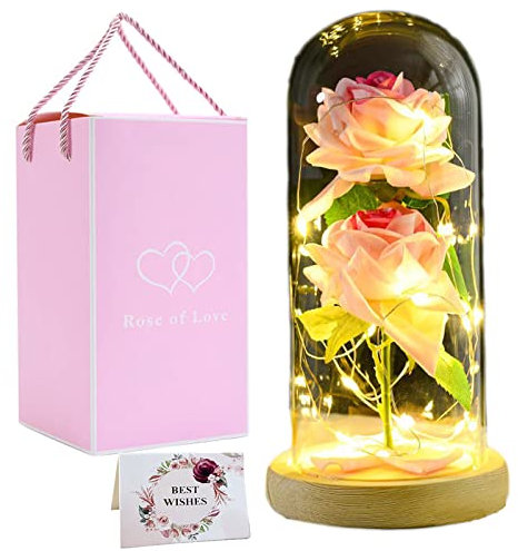 PPLONG-GE Rosen Schönheits- und Tierrosen-Set in Glaskuppel, LED-Lichter, künstliche Blumen, Rose, Muttergeschenke für Mama, Geschenk für Oma, Frauen, Geburtstag, Valentinstag, Muttertag, Hochzeit, We