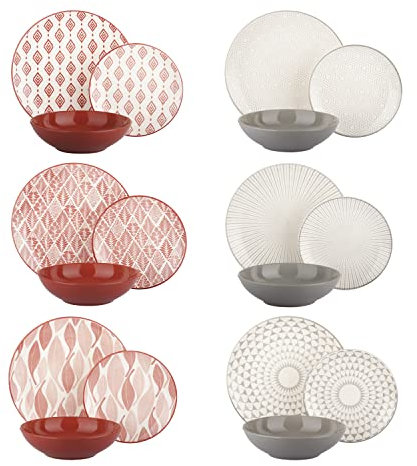 KASANOVA Servizio piatti 6 persone Grand Ville, servizio piatti 18 pezzi stoneware stampa fantasia rosso e grigio, set piatti moderni, lavabili in lavastoviglie