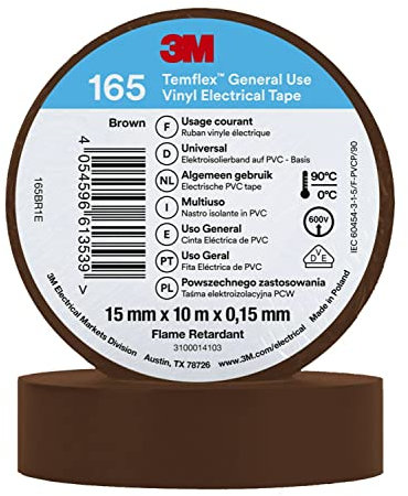 3M Temflex Cinta eléctrica de vinilo 165, marrón, 15 mm x 10 m, 100 rollos/caja